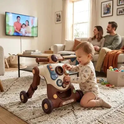 Enfant s'amuse avec pousseur éducatif dans le salon