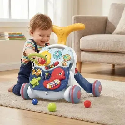 Enfant interagit joyeusement avec chariot d'éveil coloré.