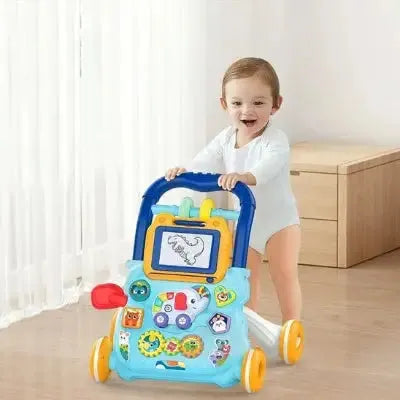 Enfant joyeux utilisant un chariot d'apprentissage interactif.