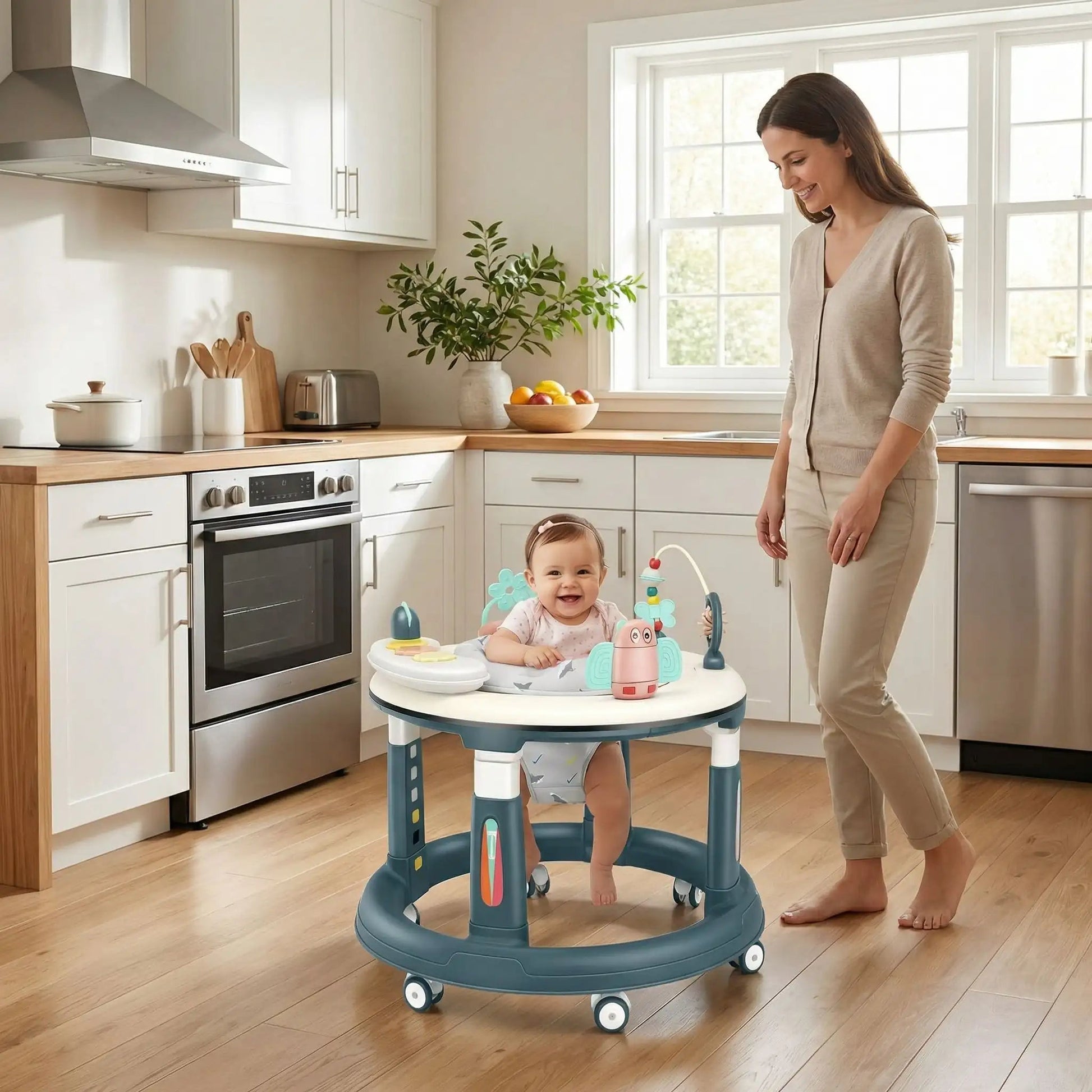 Trotteur pour bébé souriant dans la cuisine avec maman