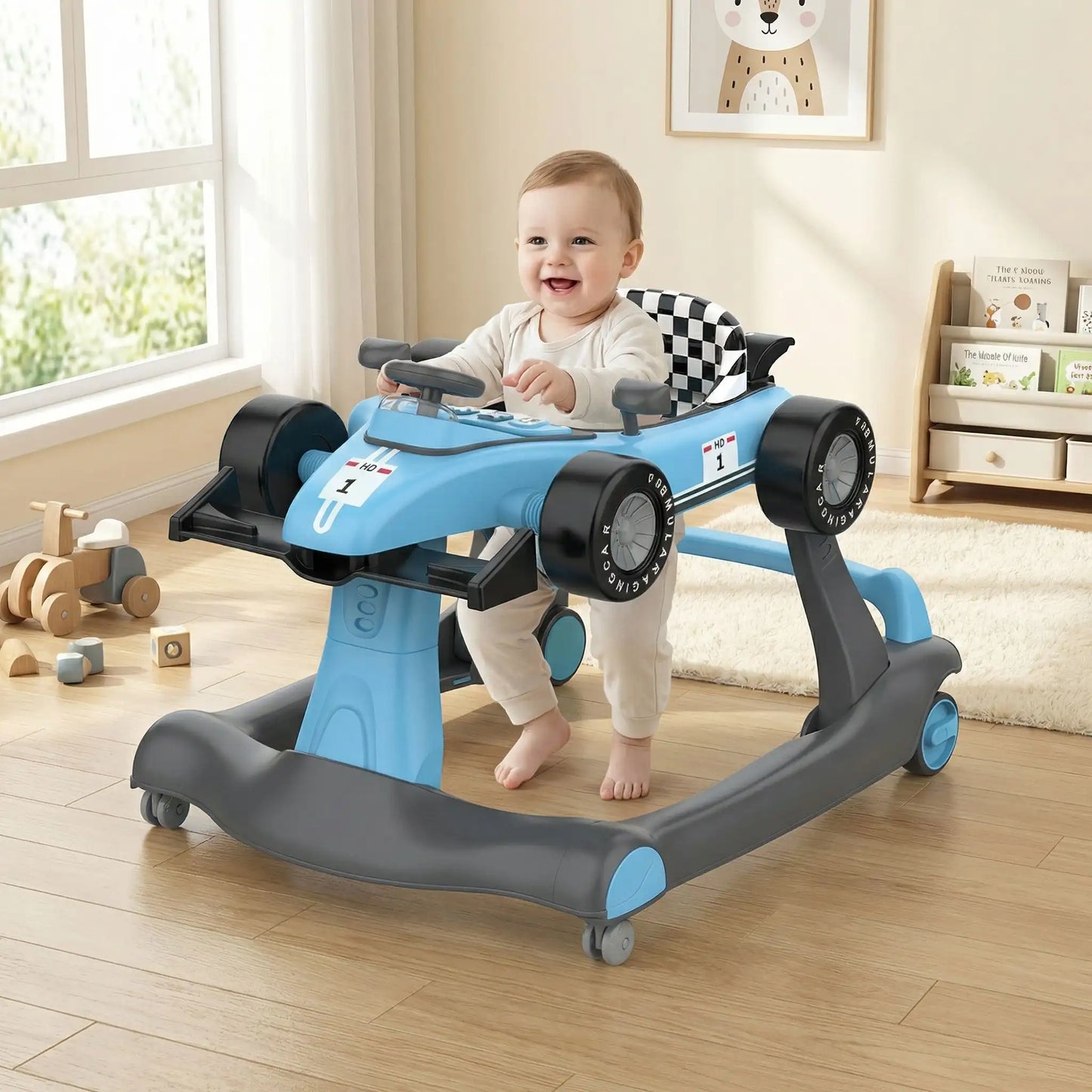Trotteur voiture Formule 1 bleu bébé conduit en souriant