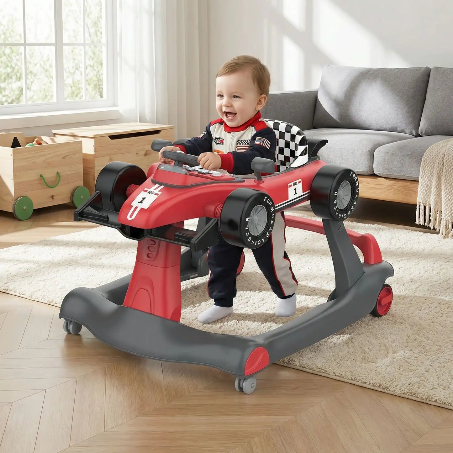 Trotteur voiture Formule 1 rouge bébé debout qui sourit