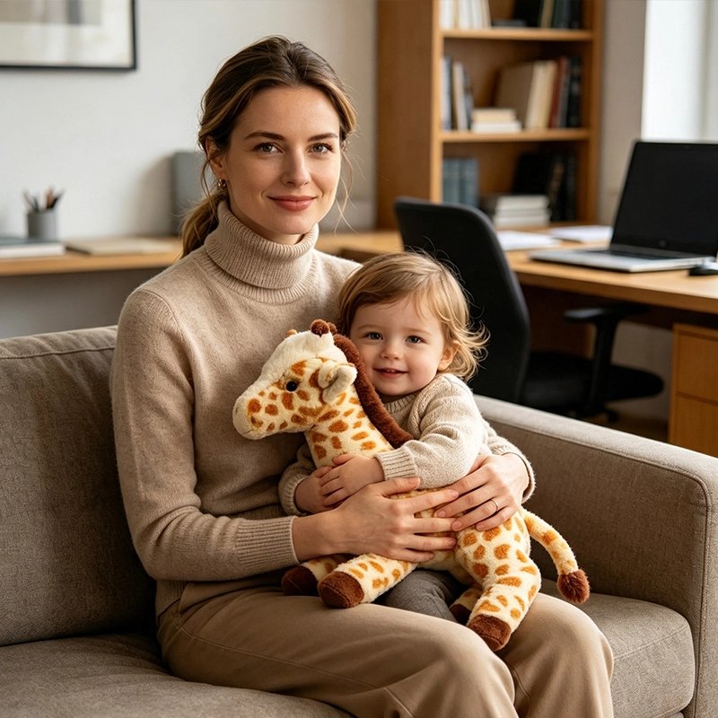 Un bébé avec sa peluche girafe assis sur sa maman