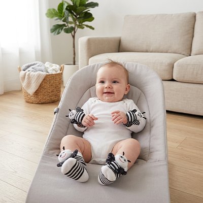 un bébé avec ses chaussettes pelucheuse d'éveil 