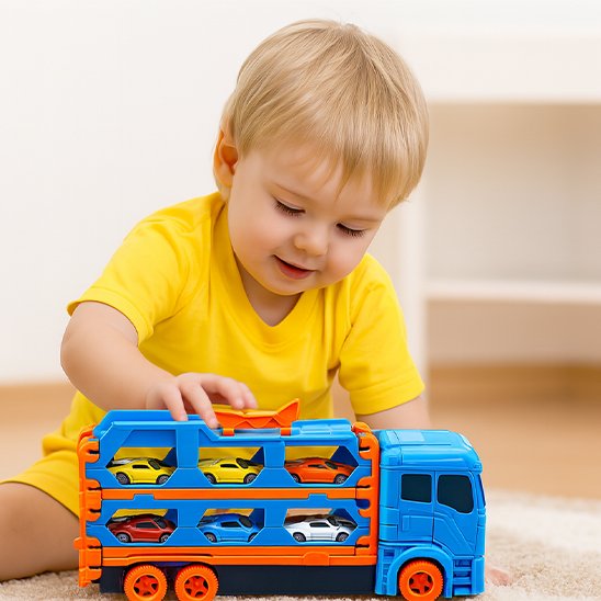 un bébé heureux avec son camion bleu