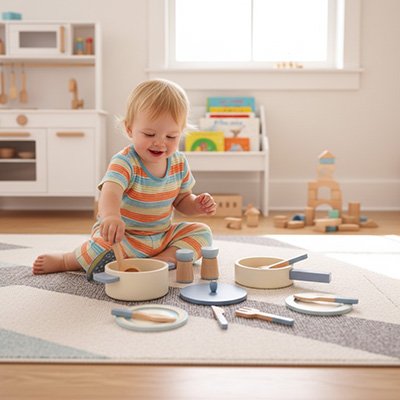 un bébé qui joue avec son set de cuisine
