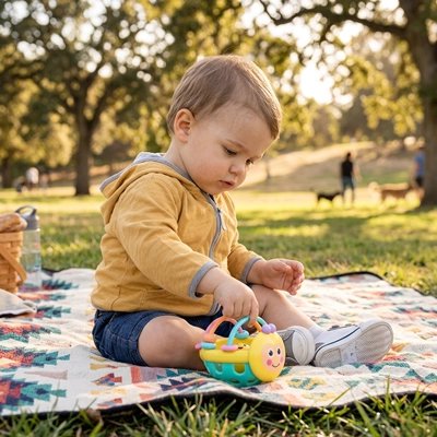 Un bébé qui joue dehors au parc avec son hochet 