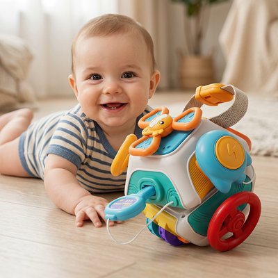un bébé rampant vers son jouet montessori cube motricité