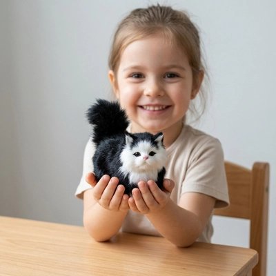 un chat en peluche noir dans les mains d'une fille joyeuse