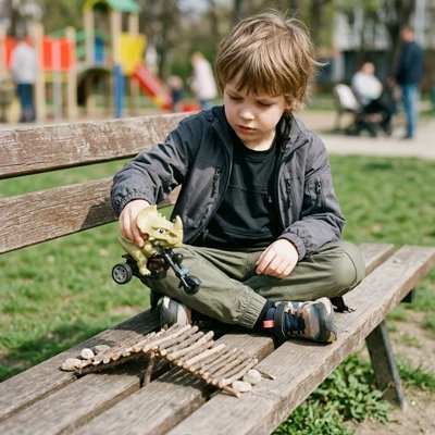 Enfant explorant figurine préhistorique sur banc extérieur en bois