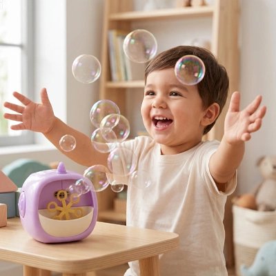 un enfant heureux avec ce jeu à bulles motorisé