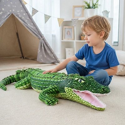 un garçon caresse sa peluche hypoallergénique crocodile