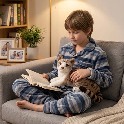un garçon fait la lecture à son chat en coton