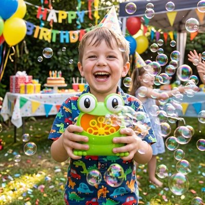un garçon heureux à sa fête d'amis avec son jouet à bulles