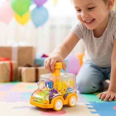 Un garçon joue salle de jeu avec jouet jaune voiture 