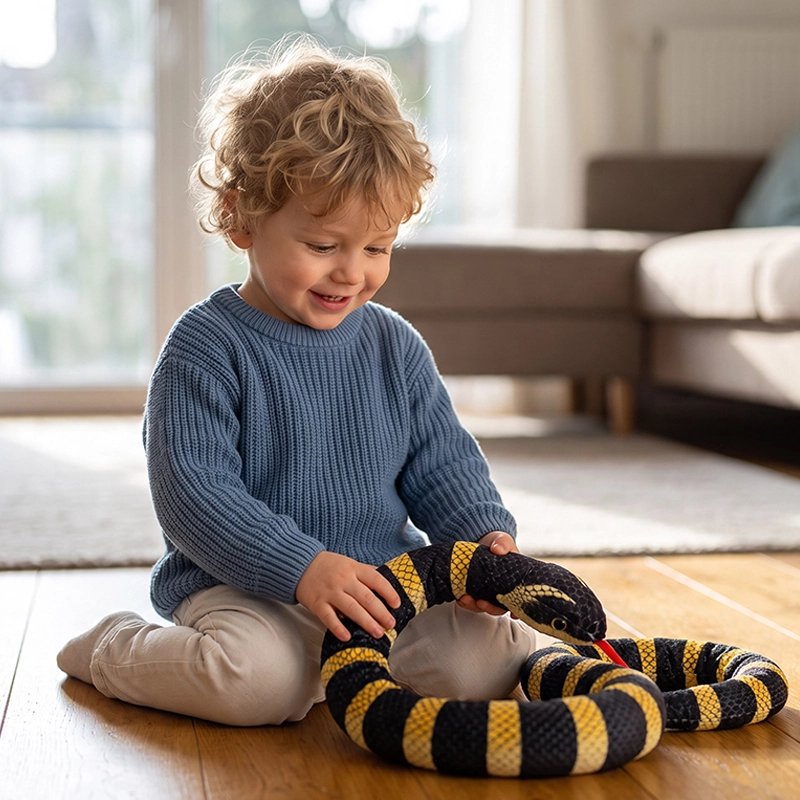 Un garçon qui s'amuse avec sa peluche serpent jaune et noir