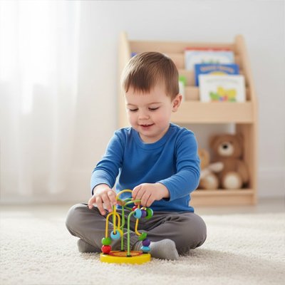 Enfant concentré sur un jouet éducatif coloré interactif