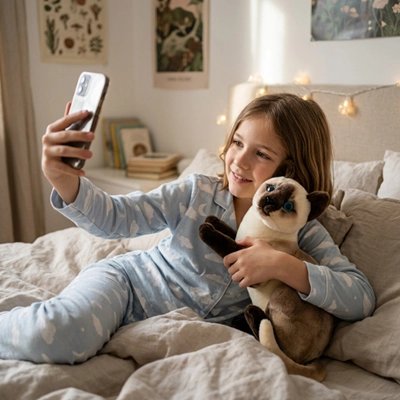un selfie avec fillette et peluche chaton