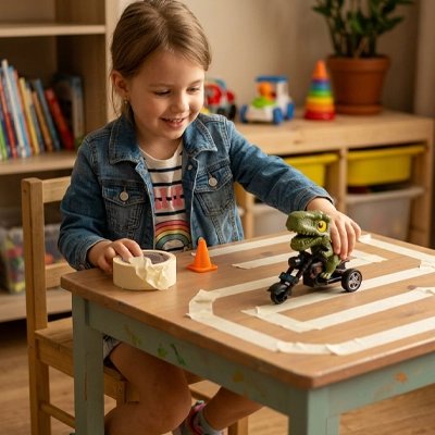Enfant guidant figurine préhistorique sur piste créative intérieure