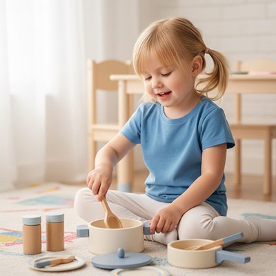 une chef cuisinière avec sa dinette en bois