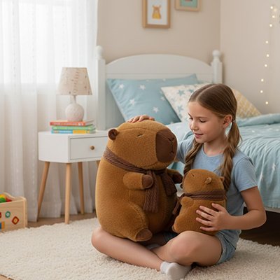 une fillette assis avec ses peluche capybara kawaii
