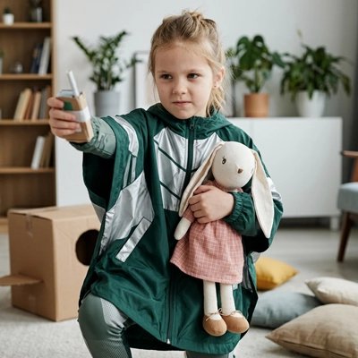 une fillette avec son lapin rose en peluche