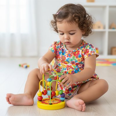 Enfant découvre un jeu éducatif en bois coloré