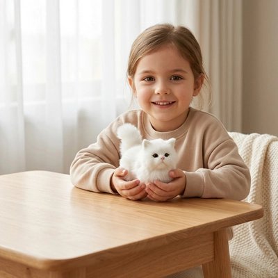 une fillette souriante avec son félin en tissu dans ces mains