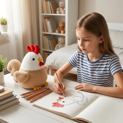 une jeune fille dessine son poulet en peluche