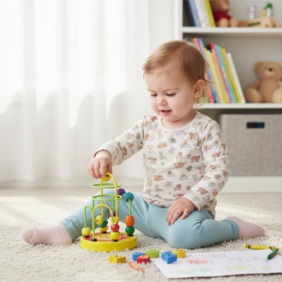 Enfant explore un jeu éducatif en bois vibrant et engageant