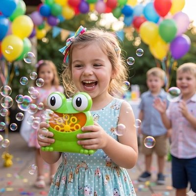 une jeune fille qui s'éclate avec son jouet grenouille à bulles