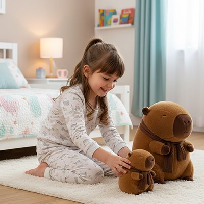 une jeune fille s'amuse avec ses peluche capybara kawaii