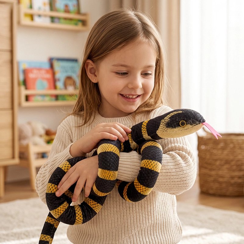 Une petite fille avec sa peluche serpent dans ses bras